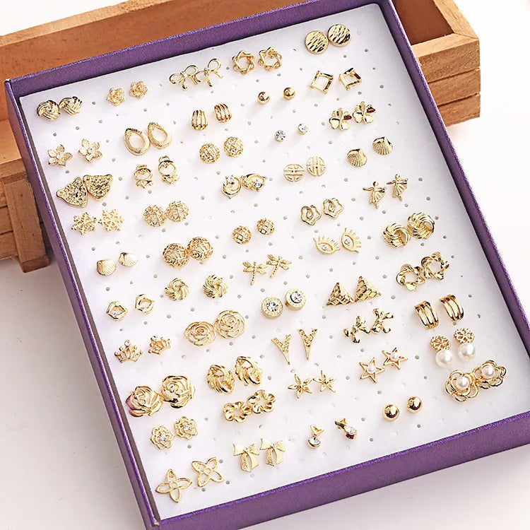 50 Pairs Earring Set Statement Dainty Flower Heart Bow Round Zircon Metal Mini Stud Earring Sets for Women MegaBDM