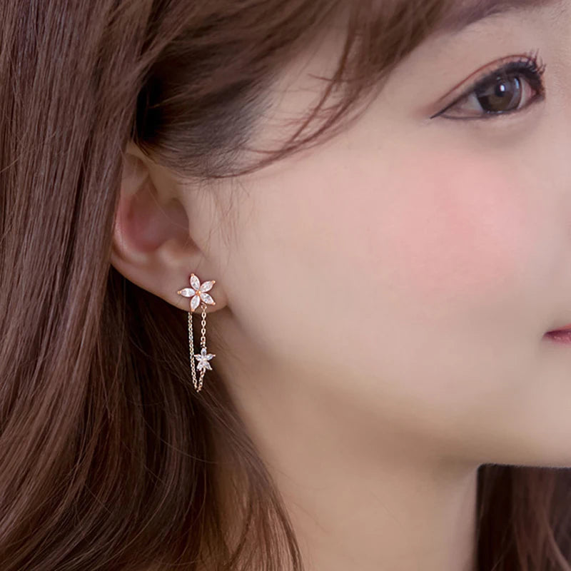 Hot New Fashion 925 Sterling Silver Flower Long Earrings for Women Korean Style Wedding Statement Jewelry with Zircon Stone Gift