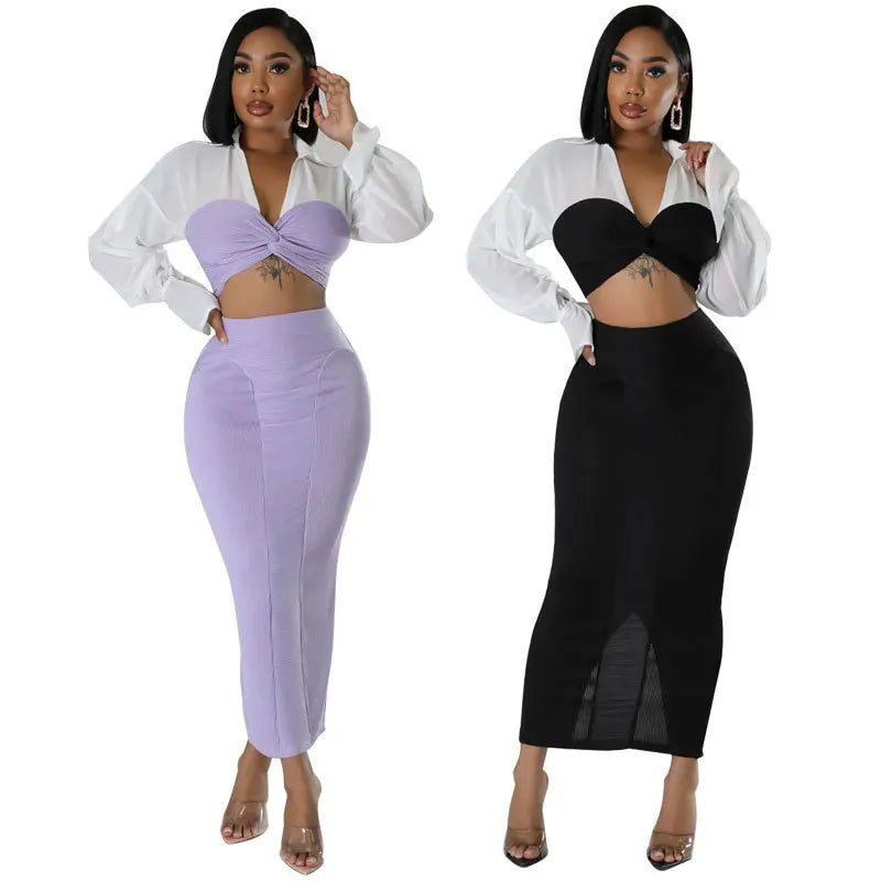 2025 New Arrival Leisure Skirts Set Comfortable Long Sleeve Crop Top 2 Piece Set Women