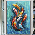 Nine Fish Chinese New Style Abstract Three-Dimensional Hanging Oil Painting Hand-Painted Canvas Support for Living Room Dining