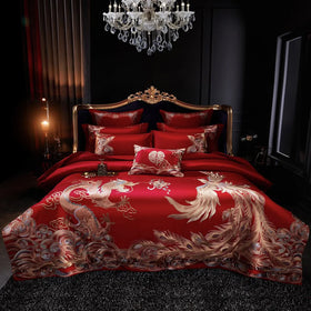 Wholesale Beauty Luxury Wedding Embroidery Solid Color Bridal Bed Sheet 100% Cotton Satin Red Bedding Set