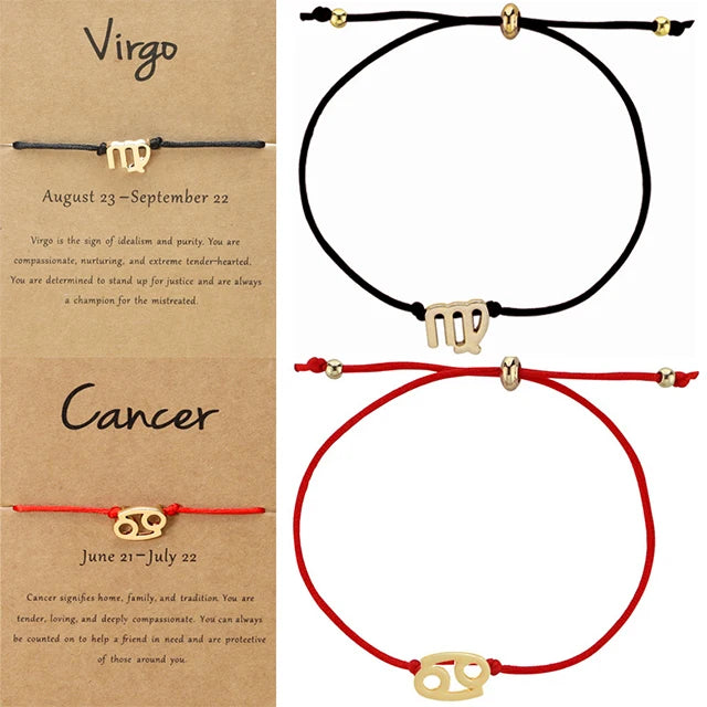 Trendy Adjustable Red Black Silk String Rope Knot Gold Silver Plated Charm Horoscope Women 12 Zodiac Sign Bracelet Jewelry