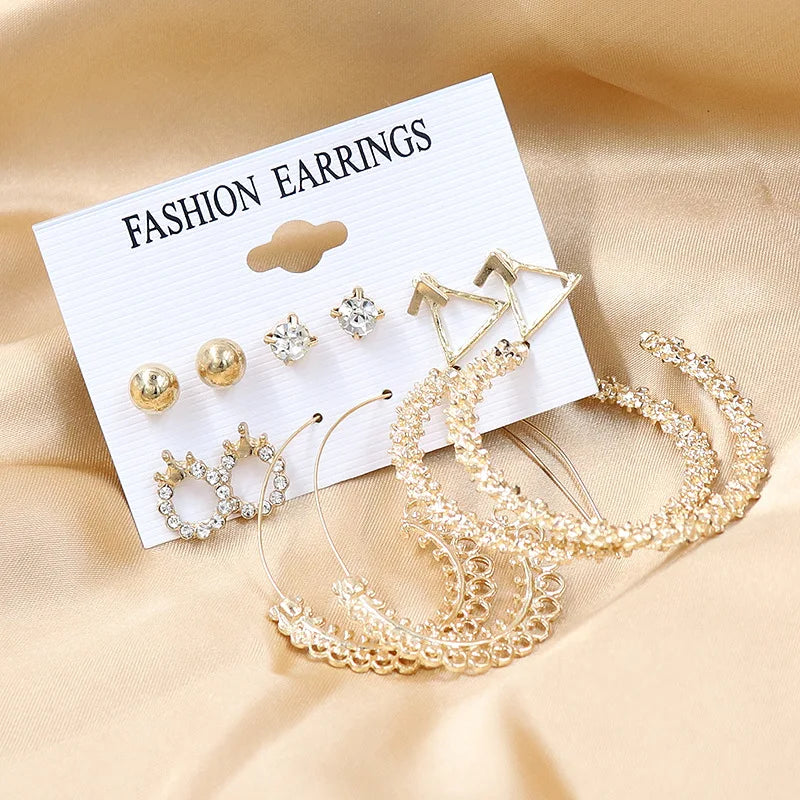 Trendy 6pcs/Set Mix Designs Stud Drop Hoop Earring Set For Women Ear Hoop Geometric Earring Set Jewelry Wholesale