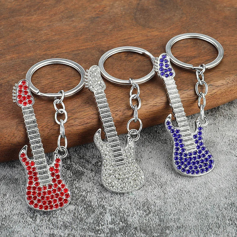 Hot Sale Concert Small Gift Pendant Rhinestone Bling Music Guitar Keychain Metal Car Key Chain