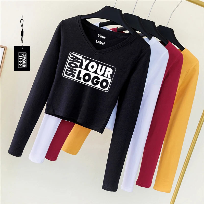 Free Labels Print and hang Tags Crop Sexy Long Sleeve Top Custom Design Deep V-Neck Ladies Long Sleeve Tops