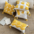 Geometric Embroidery Tufted Lumbar Throw Pillow Covers Mustard Yellow White Cotton Canvas Woven Tassel Cushion Covers/