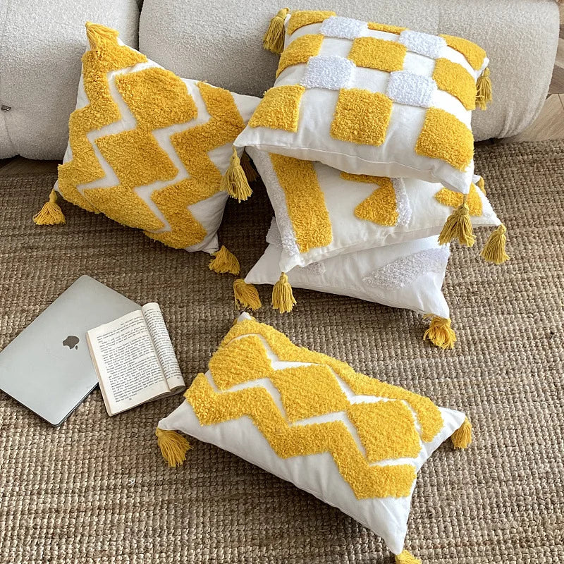 Geometric Embroidery Tufted Lumbar Throw Pillow Covers Mustard Yellow White Cotton Canvas Woven Tassel Cushion Covers/