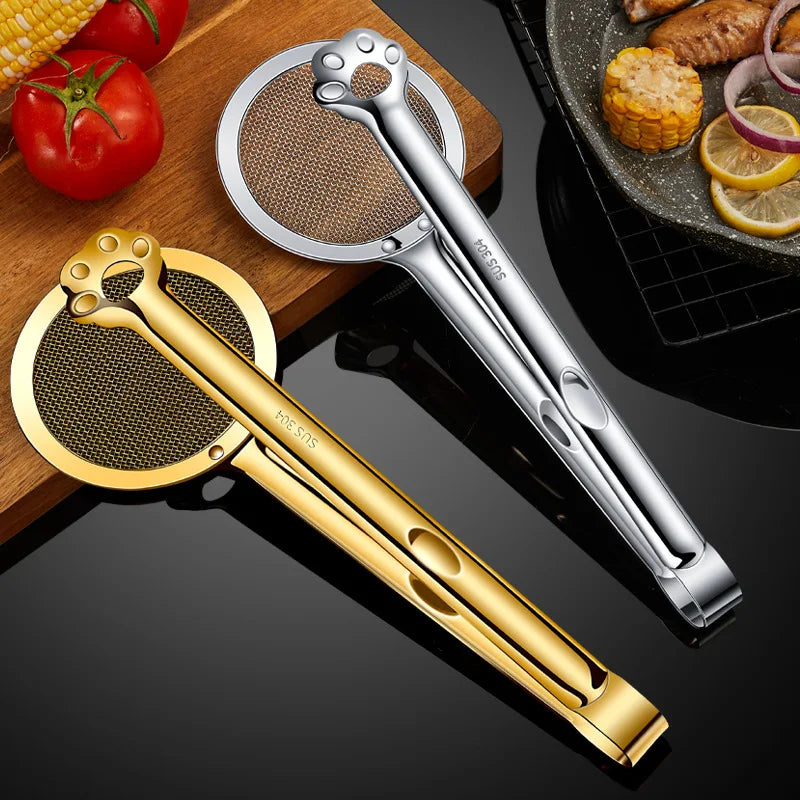 Kitchen Frying Tool Food Grade 304 Stainless Steel Oil Tongs with Filter Mesh Clip Two-in-One Frying Oil Tongs Clip for Cooking