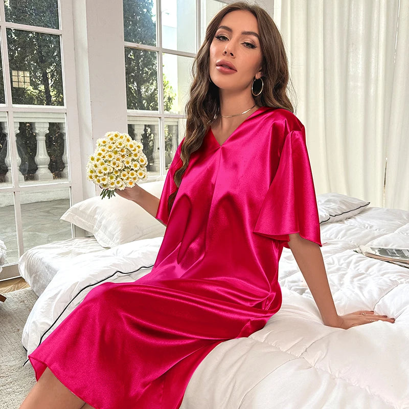 Plus Size Elegant Women's Smooth Satin Short Sleeve Ruffle V Neck Solid Natural Waist ODM Knee-Length Loose Fit Sleep Dress
