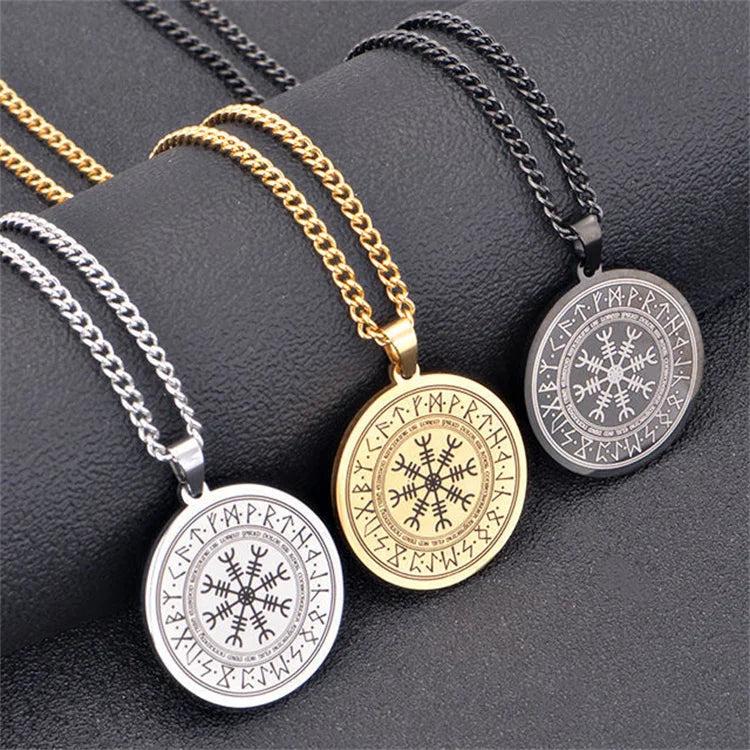 Wholesale Waterproof Stainless Steel Simple Fashion Jewelry Vintage Round Viking Odin Rune Necklace