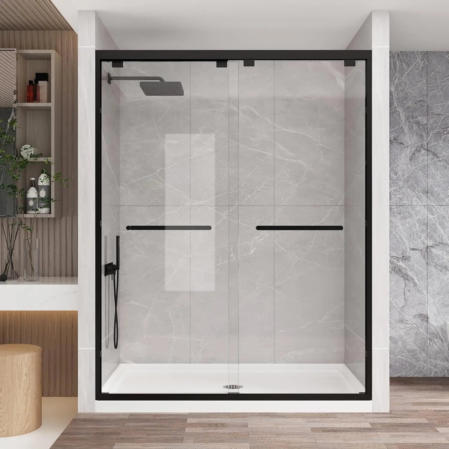56-60" W X76" H Semi-Frameless Sliding Shower Door 1/4" (6mm) Thick Tempered Glass With Explosion-Proof Film Nano Coating
