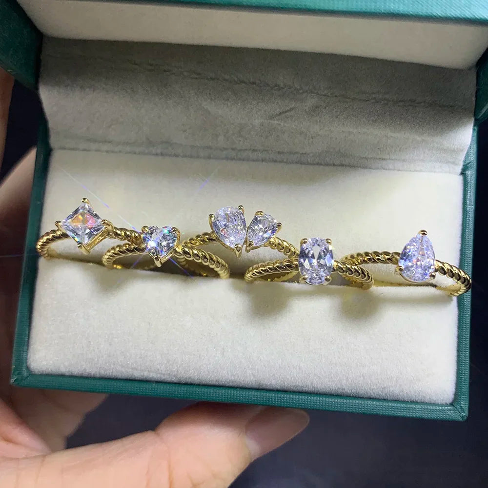 5 Style Simple Crystal Rings Women Twisted Design Heart Waterdrop Zircon Stacking Finger Accessories Valentines Day Gift Jewelry