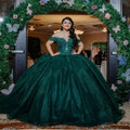 Emerald Green Shiny Off the Shoulder Appliques Ball Gowns Quinceanera Dresses Beaded Applique Lace Vestidos De 15 MQ667