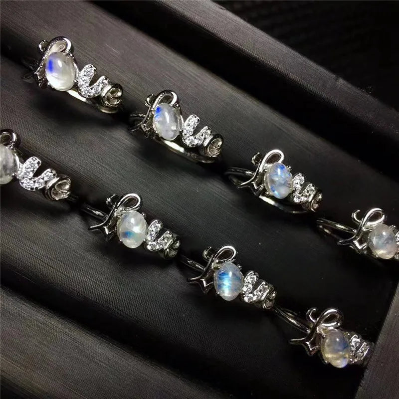 Wholesale Low Cost 925 Sterling Silver Blue and rainbow Moonstone Engagement Ring Jewelry for Woman