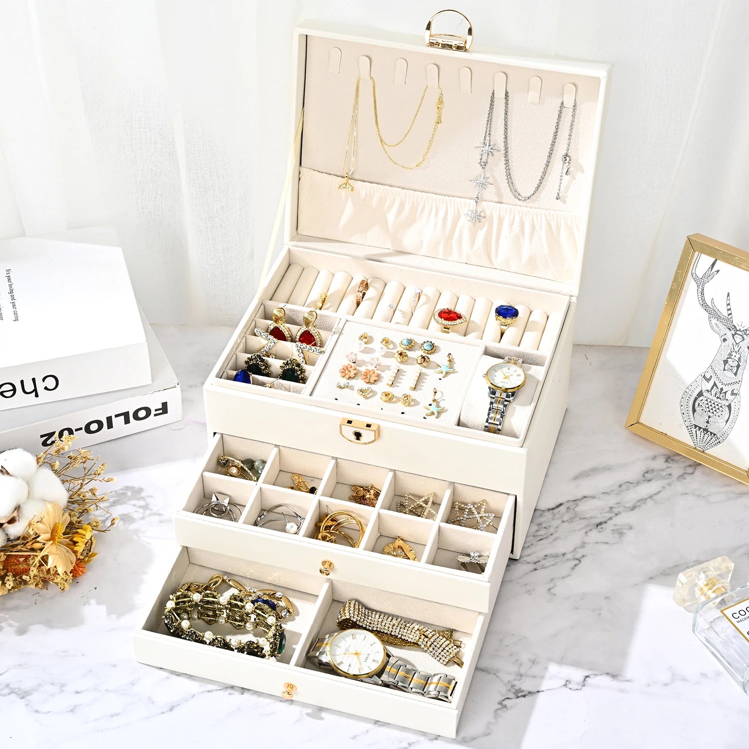 High Quality Women Watch Jewelry Big Case Box PU Leather Storage Jewelry Packaging Suitcase Box