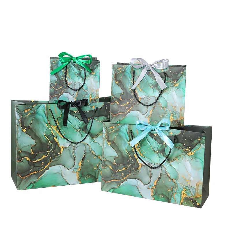Factory Direct Supply Cardboard Paper Shopping Gift Bags With Ribbon Handbag Better Price Green Marbling Bag