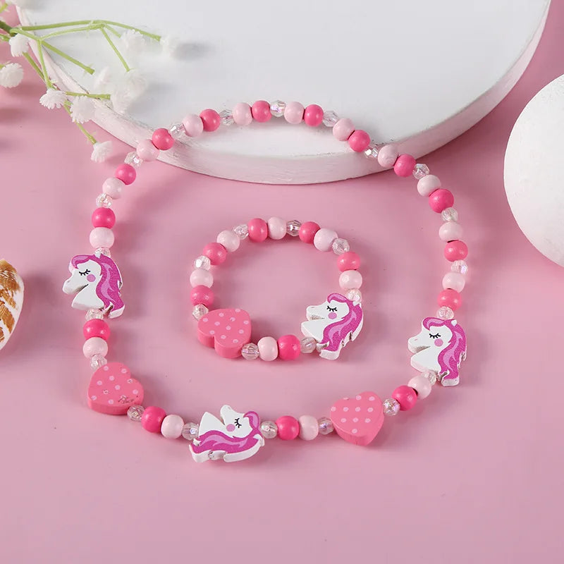 Cute Candy-Colored Plastic and Wood Children's Jewelry Set Daisy Necklace Bracelet for Little Girls for Parties and Gifts