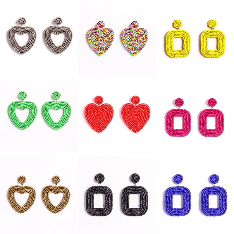Boho Handmade Dangling Square Heart Pendant Bohemian Seed Rice Bead Earring Jewelry for Women