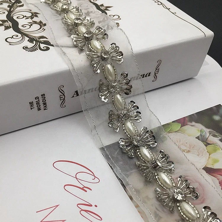Clear Rhinestones and Beaded Embroidery Mesh Lace Trim Clothing Accessories LT2596B