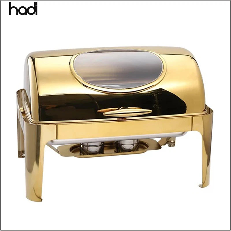 Luxury Stainless Steel Electric Food Warmer Buffet Set Gold Chaffing Dishes with Glass Window for Hotel & Restaurant Catering