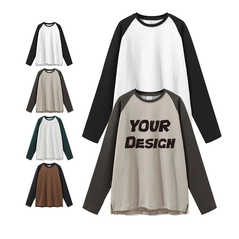 Personalised High Street Color Matching Raglan Sleeve Crewneck Long Sleeve T Shirt Oversized Silk Screen Print Tshirt Custom