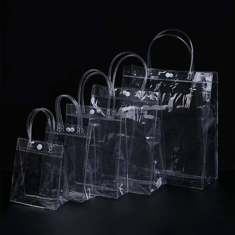Wholesale Cheap Waterproof Custom Logo Print Women Tote Grocery Transparent PVC Plastic Gift Shopping Packaging Bag With Button