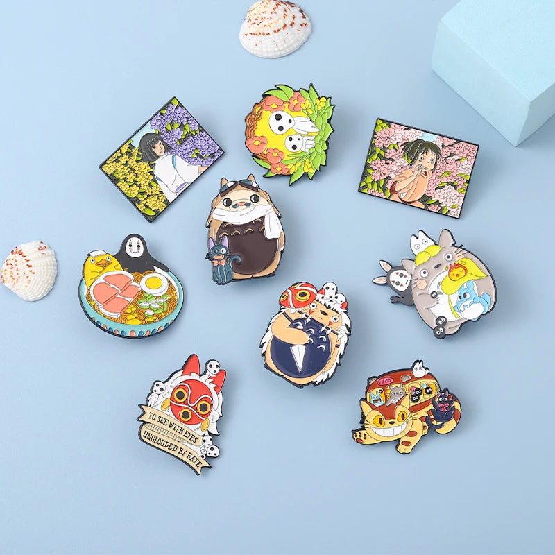 10 Styles Cartoon Pins Custom Mononoke Chihiro Haku Totoro Enamel Pin Anime Brooches Lapel Badge Soft Enamel Pins