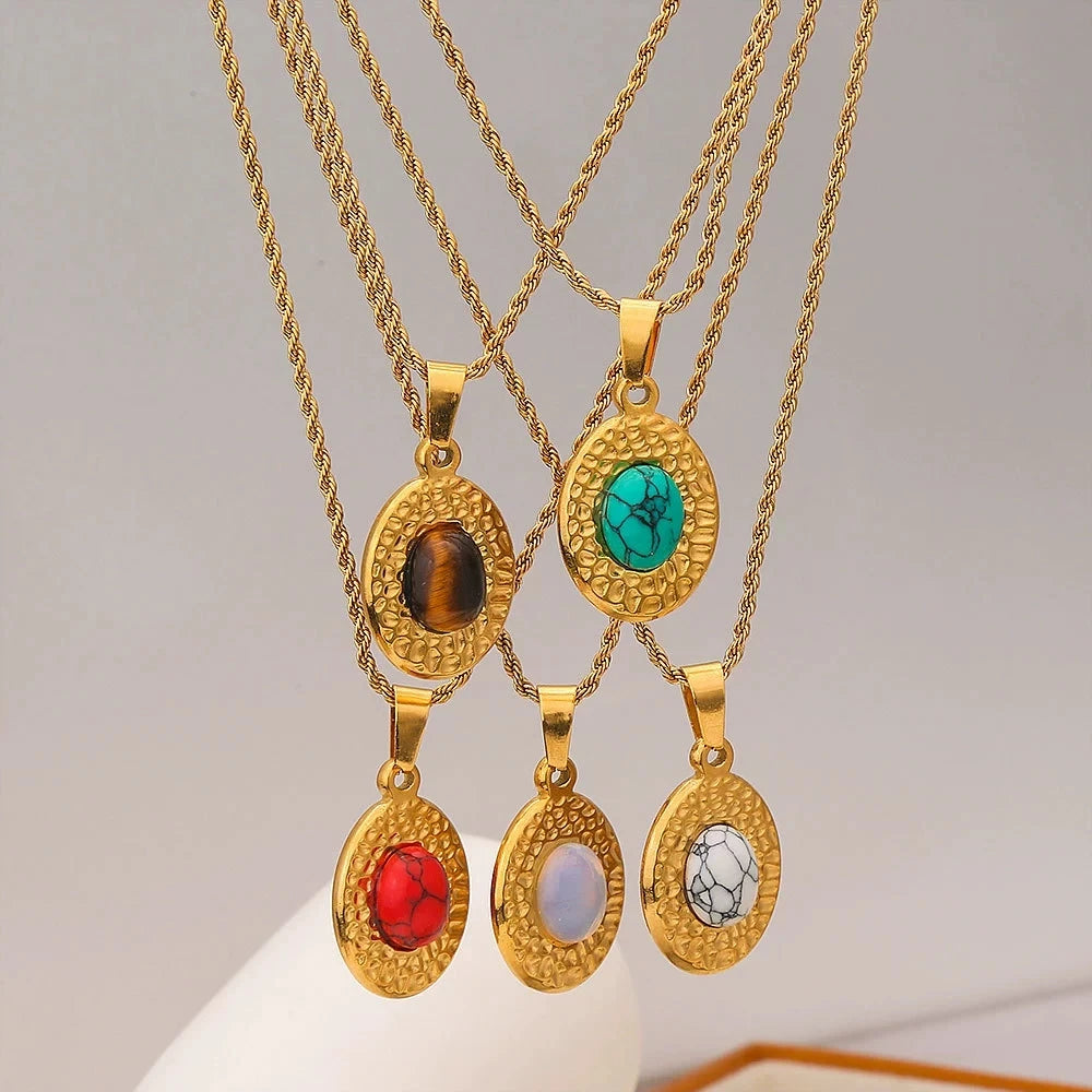 Stainless Steel Gold Plated Necklace for Children's with Turquoise Inlay Embossed Round Pendant Clavicle Chain Jewelry Wholesale