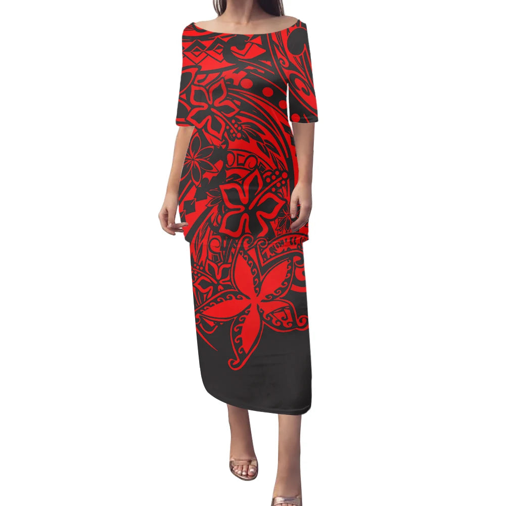 Women 2-Piece Samoan Puletasi Polynesian Printed Floor-Length Natural Waist Plus Size Bodycon Shoulder Half Sleeve Dresses