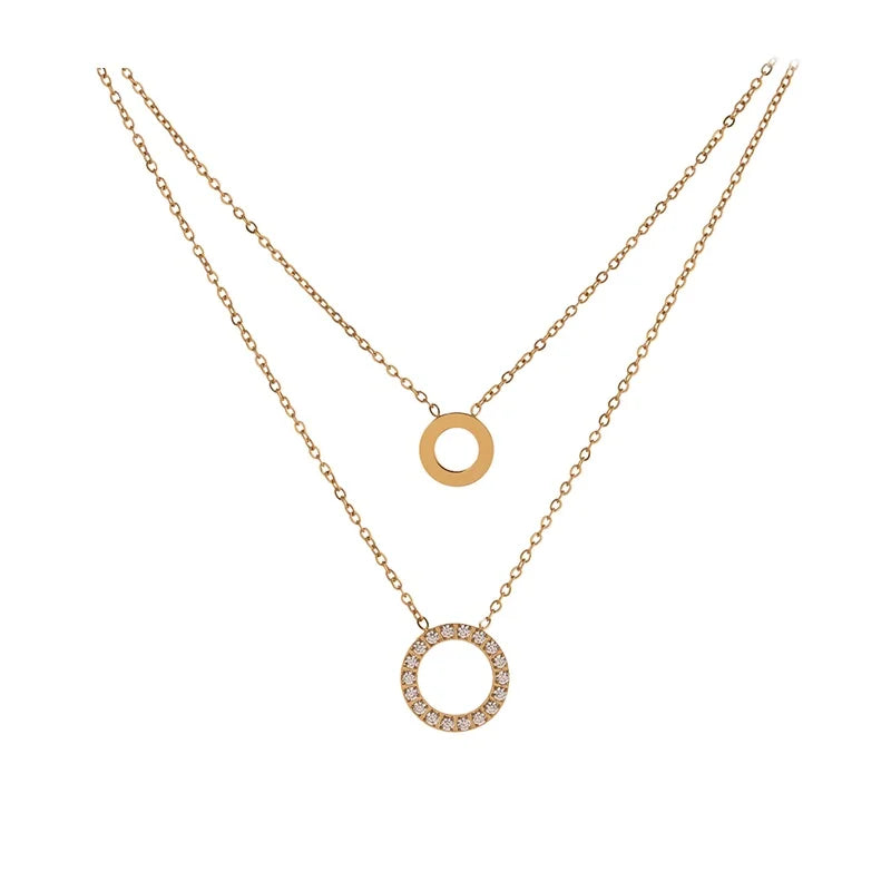 JINYOU 953 Best Selling Gold Plated Circle Necklace Stainless Steel Cubic Zirconia Double Layered Necklace Women
