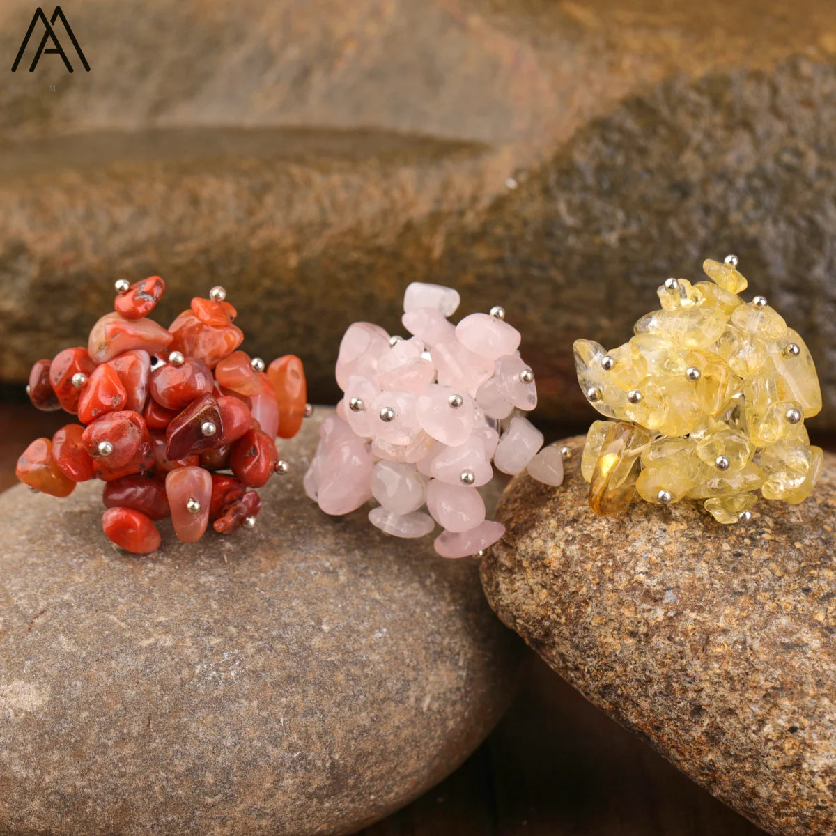 Crystal Rings Healing Chakra Chip Stone Beads Silver Ring Fashion Jewelry for Men Women Party Gifts