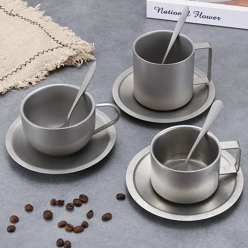 Industrial Style Vintage Frosted 304 Stainless Steel Tumbler Retro Coffee Cup with Plate Spoon Old Fashioned Tea Cup