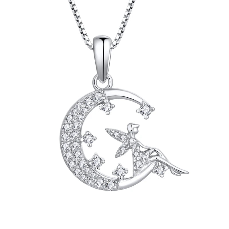 Handmade 925 Sterling Silver Fairy on the Moon With Cubic Zirconia Pendant Necklace for Women