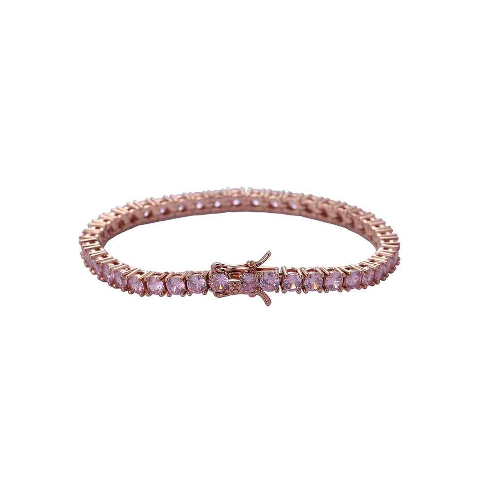 BB201  3mm 4mm 5mm Brass Zircon Pink Tennis Chain Bracelet Hip Hop Jewelry Gold Silver Material Women CZ Bracelet Iced Out