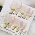Handmade Yellow French 3D Floral Painting ABS Coffin False Nails Reusable Artificial Butterfly Pearl for Finger Application