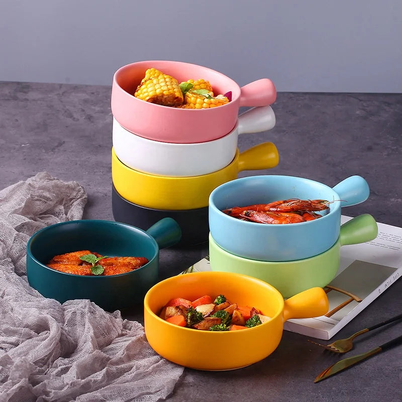 Nordic Style Household Ceramic Bowl Breakfast Ramen Bowl with Handle Large Baking Bowl Single Tableware Creativity