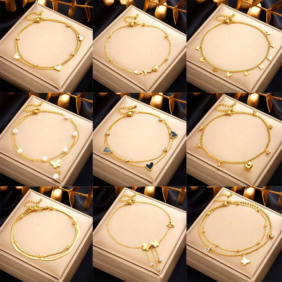 Fashion 18K Gold Stainless Steel Jewelry Waterproof Beaded Bracelet Zirconia Butterfly & Heart Layered Chain Bracelet for Women