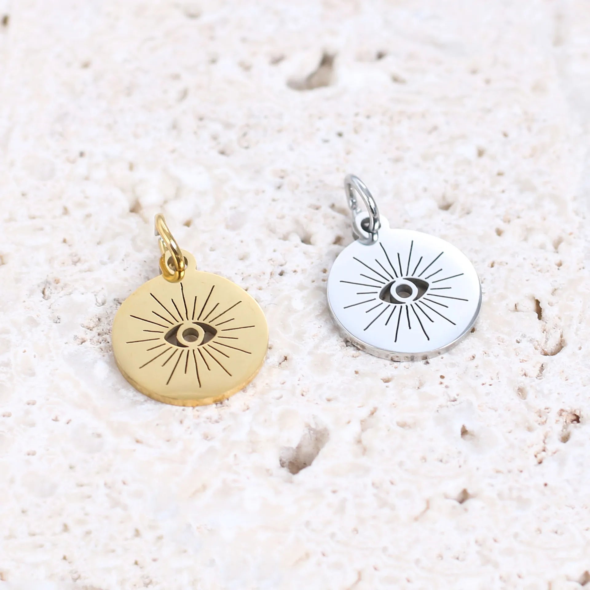 18K Gold Plated DIY Jewelry Accessories Stainless Steel Evil Eyes Pendant with 12 mm Hole 1.8 mm