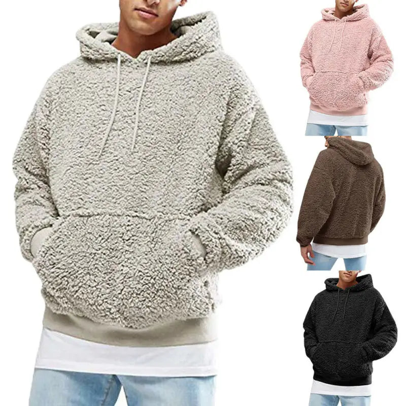 Autumn/Winter Men's Baggy Hooded Pullover Tops Custom Logo Warm Casual Tops with Solid Pattern Casual Pullover Hooded Collar