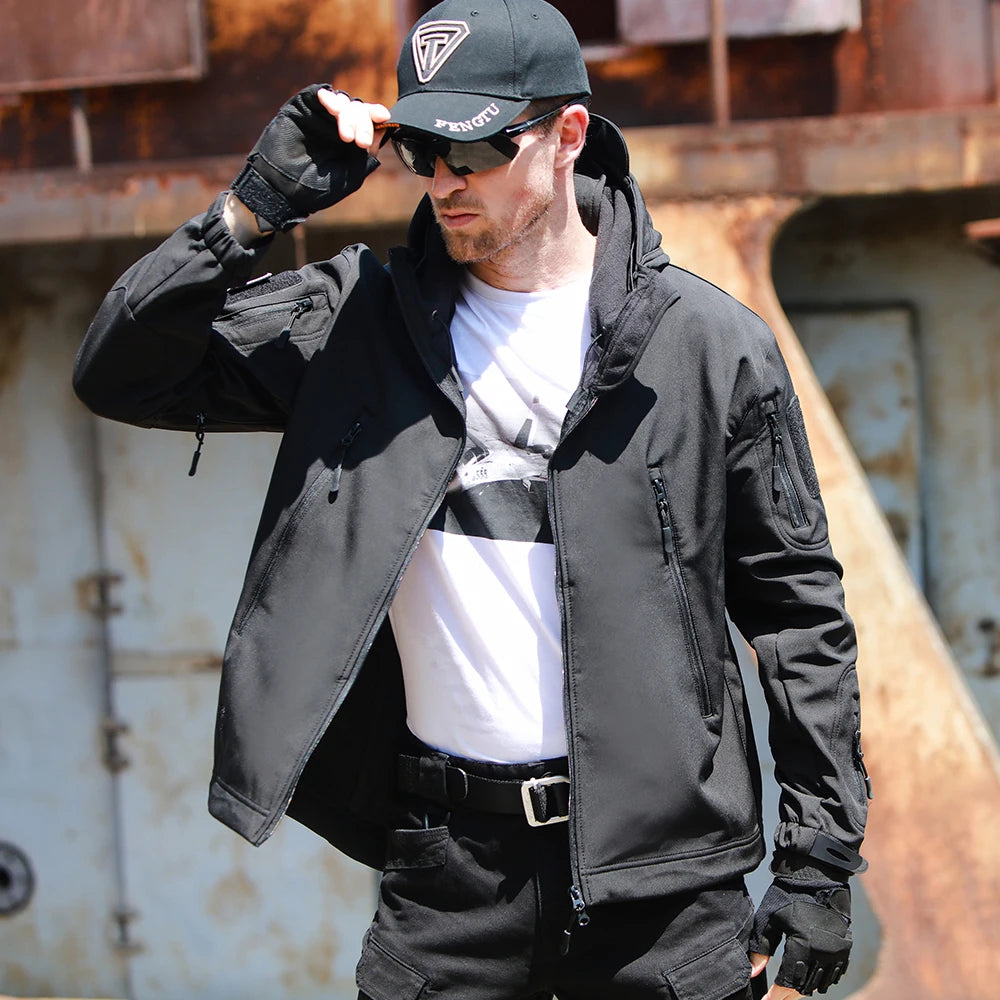 Men's Shark Skin Soft Shell Tactical Windproof Jacket with Hood Winter Field Coat