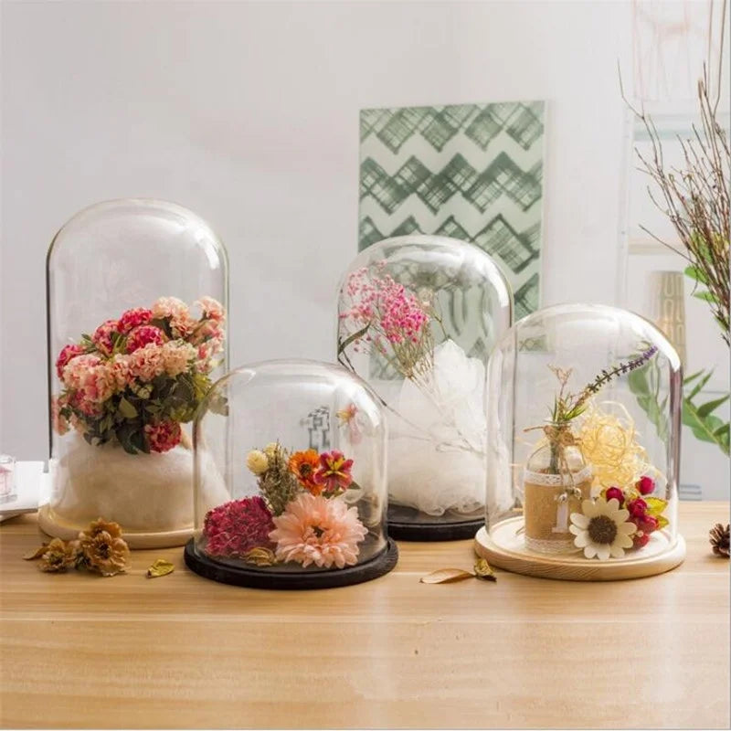 Factory Wholesale Hand Blown Transparent Decorative Glass Bell Jar Glass Dome Bell Shaped Led Glass Dome with Wooden Base