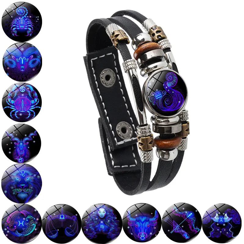 Aries Gemini Cancer Leo Virgo Libra Scorpio Sagittarius Capricorn Aquarius Pisces Zodiac Sign Genuine Leather Horoscope Bracelet