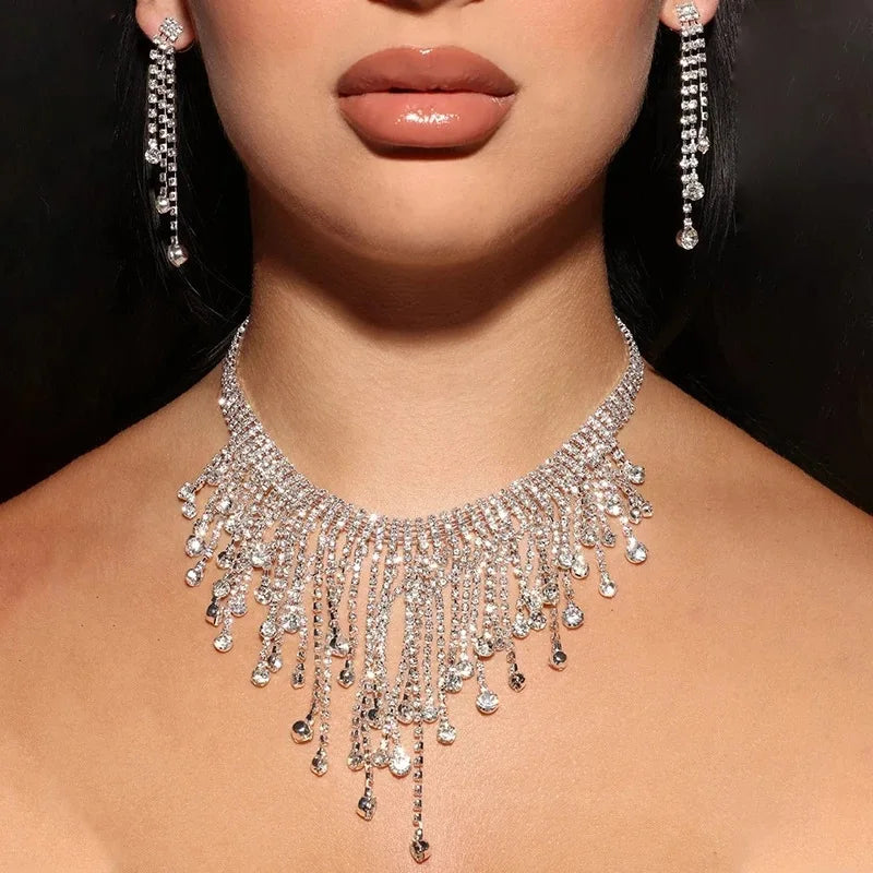 Hot Fashion Luxury Engagement Wedding Bridal Jewelry Set Shiny CZ Zircon Crystal Rhinestone Necklace Earrings Set Women