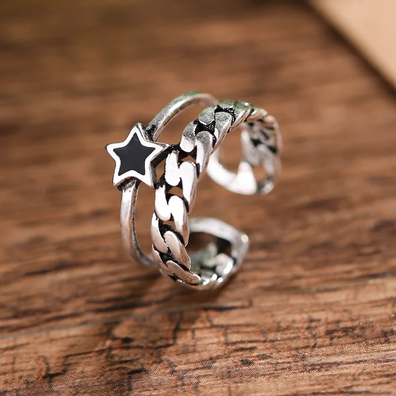 925 Sterling Silver Opening Ring Star Double Retro Female Ring Sterling Silver Jewelry Wholesale Personality