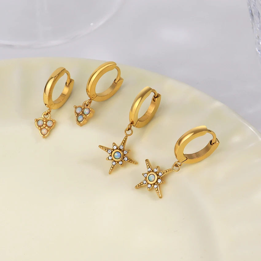 Vintage Star Diamond Earrings 18K Gold Plated Stainless Steel Hypoallergenic Natural Opal Clover Starburst Charm Huggie Earrings