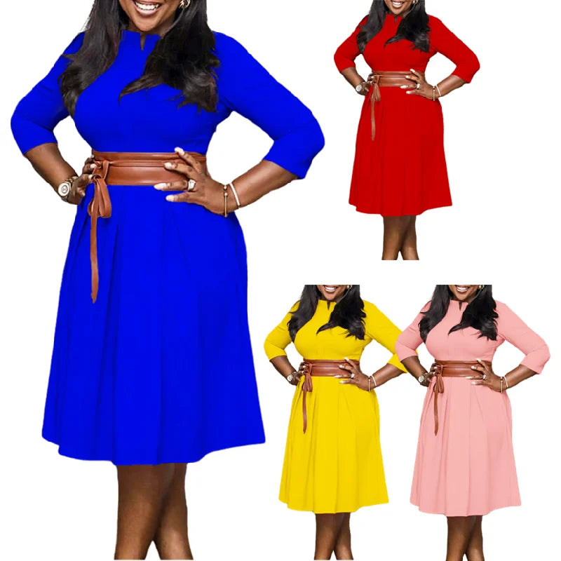 D429 Trendy Autumn Winter Dress for Women Solid Color Elegant Dresses Women Casual African Dresses for Women Clothing With Belt