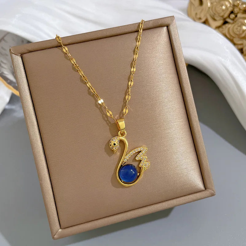 [Titanium Steel] Thermostone Color-changing Swan Titanium Steel Necklace Micro-studded With Drill Collarbone Chain