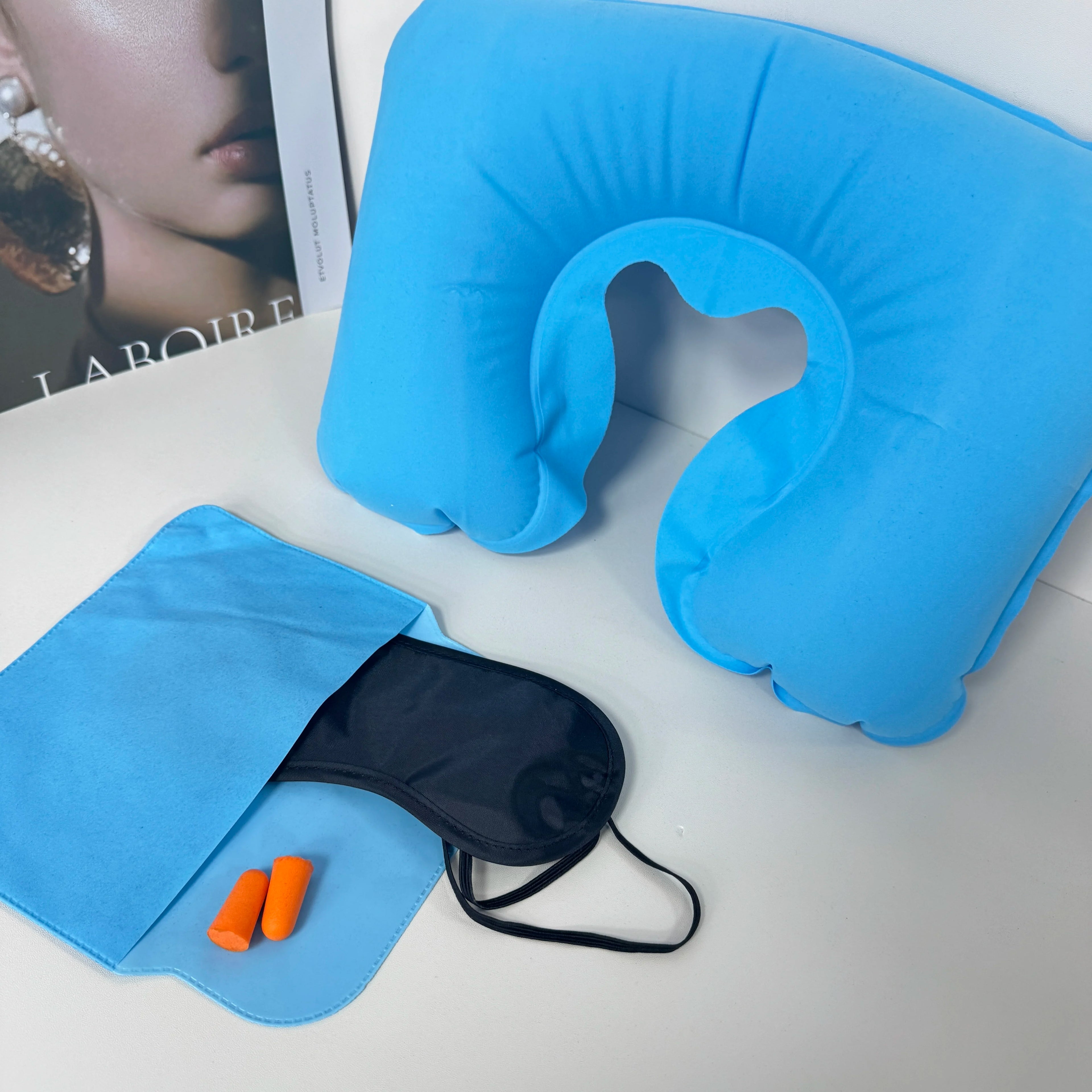4-Piece Portable U-Shape Plush Nap Pillow Travel Set PVC Inflatable & Made of Polyester Microbead Filling Airplane Neck Pillow