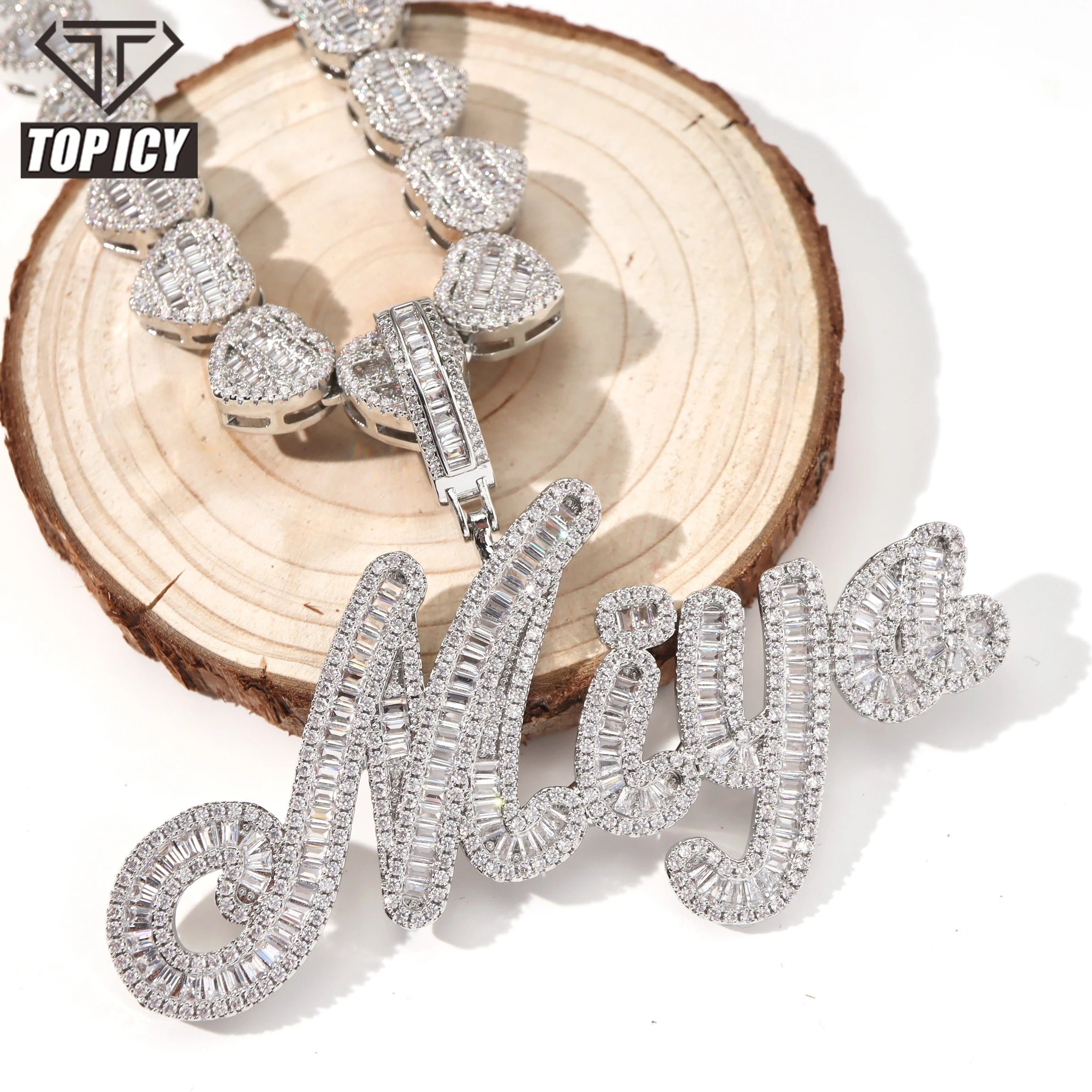 Brush Font baguette 5A Zircon Micro Setting 18k Gold Plating Heart Tennis Chain Custom Name Necklace Charm Set Iced Out Jewelry