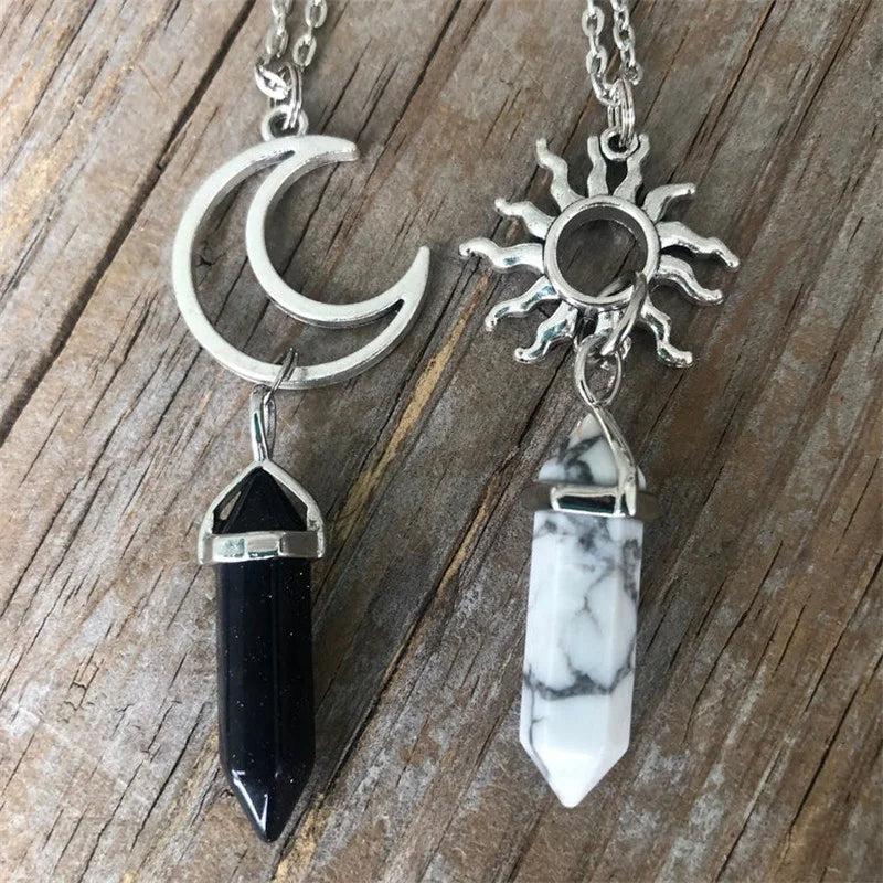 G.T 2022 Sun and Moon Couple Necklace Natural Stone Quartz Crystal Opal Agates Hexagonal Column Chains Necklace for Couple